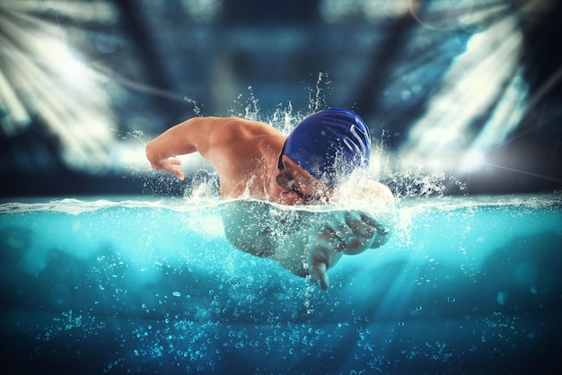 Foto athlet schwimmt in einem blauen tiefen pool