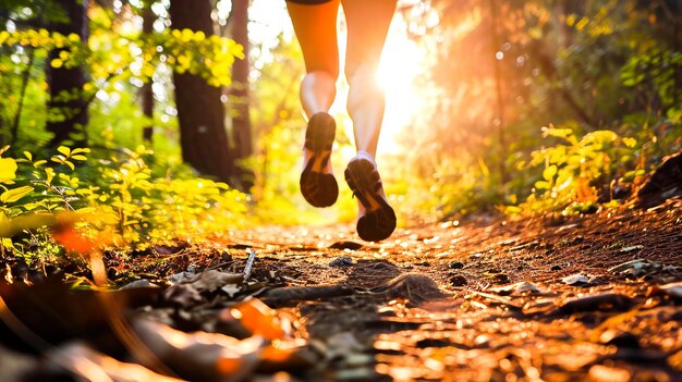 Foto athletin läuft in ihren turnschuhen durch den wald mit sonnenlicht vor sich