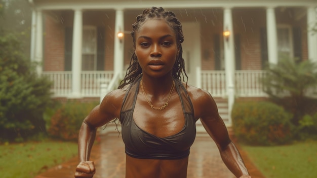 Athletische afroamerikanische Frau läuft im Regen Generative KI