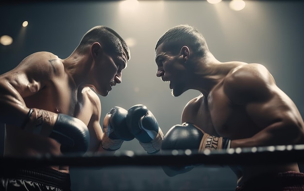 Athletische zwei Boxer kämpfen in einem Boxring Boxer trainieren Sparring Hintergrund ai generiert