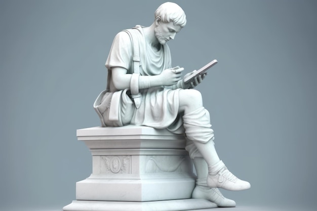 Athletischer Mann benutzt sein Smartphone, 3D-Illustration im Marmorstatuenstil des Römischen Reiches