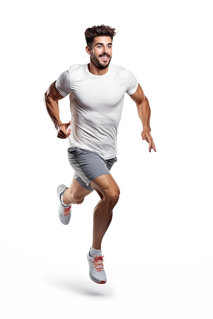 Athletischer Mann läuft isoliert auf weißem Hintergrund