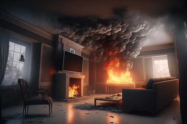 Foto atire grandes chamas e fumaça preta dentro de casa