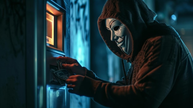 Foto atividade criminosa um ladrão mascarado rouba dinheiro de um caixa eletrônico à noite ações secretas e ilegais