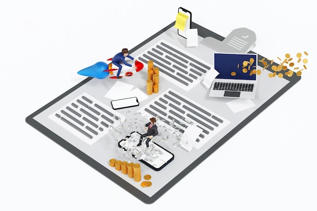 Atividades comerciais em prancheta de papel empresário gerenciar transações de dinheiro gráfico gráfico renderização 3D