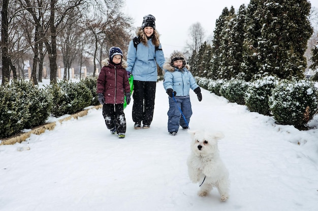 Atividades de inverno ao ar livre para amigos da família amigos felizes da família duas mulheres dois meninos filhos e cachorro