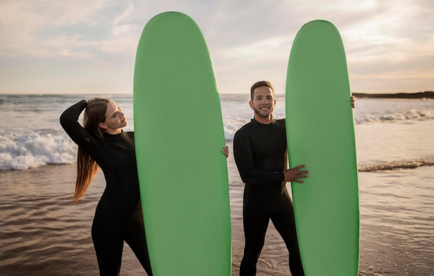 Atividades de verão jovem casal feliz posando com pranchas de surf na praia