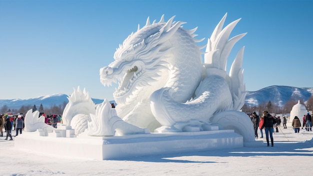 Atividades festivas na neve com neve esculpida com dragões