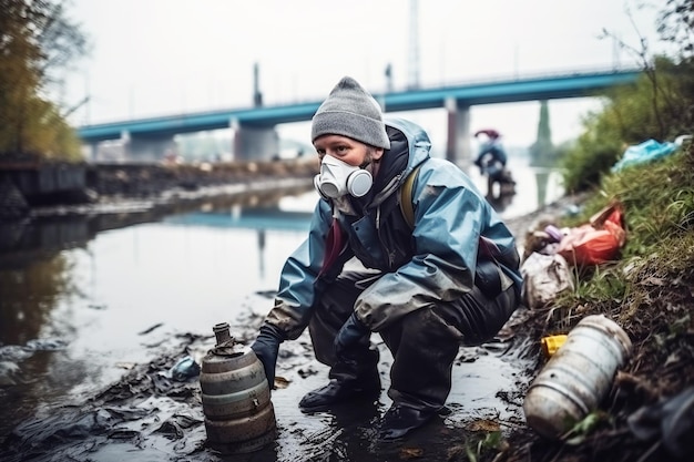 Foto ativista ambientalista envolvido numa campanha de limpeza numa área urbana poluída