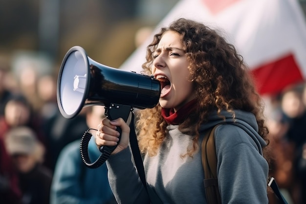 Ativista feminina apaixonada vocalizando sua causa em meio à IA geradora de fervor