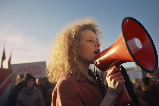 Ativista feminina protestando com megafone durante uma manifestação