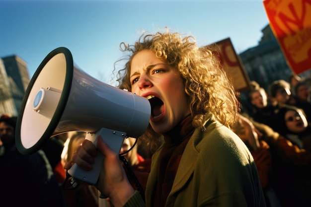 Ativista feminina protestando com megafone durante uma manifestação
