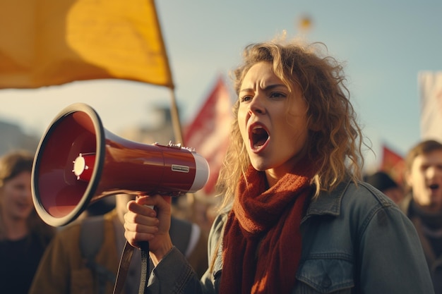 Ativista furiosa gritando por sua causa entre os manifestantes da manifestação