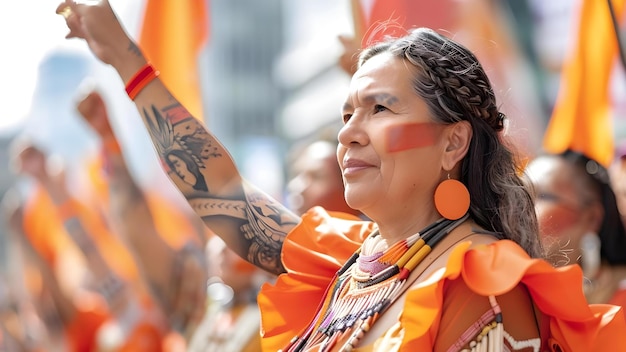 Ativista indígena com o braço levantado na manifestação exibindo conceito de tatuagem Ativismo Cultura Indígena Arte da Tatuagem Manifestação de Justiça Social
