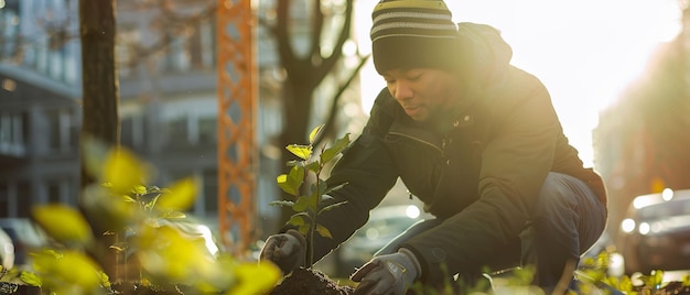 Ativista plantando árvores em área urbana