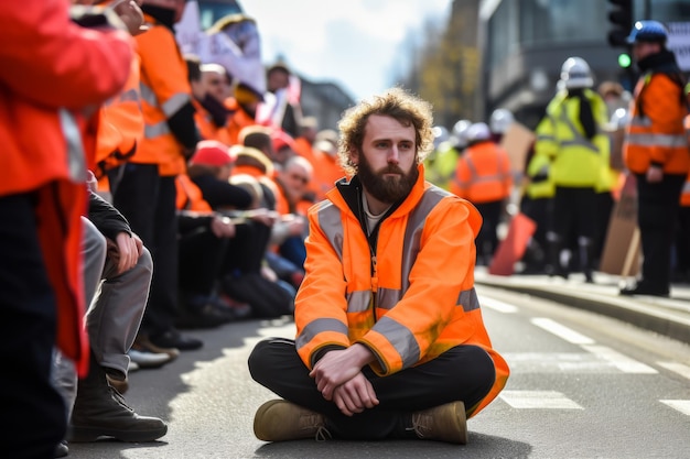 Ativistas de protesto contra a mudança climática vestindo jaqueta hi vis sentam-se em uma estrada e bloqueiam o tráfego