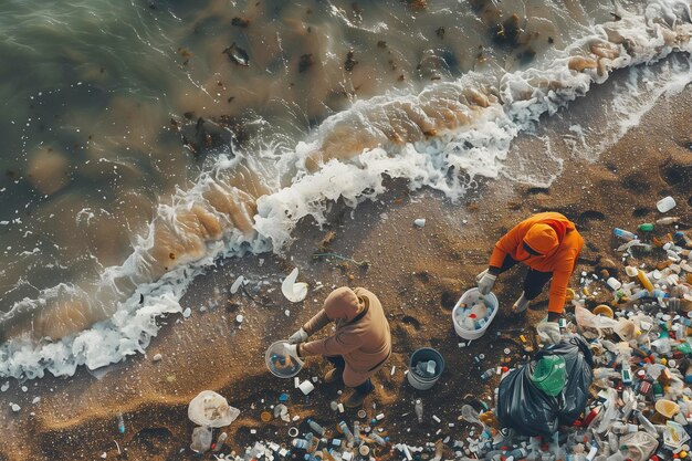 Foto ativistas recolhem lixo plástico na praia homens e mulheres limpam a praia com sacos