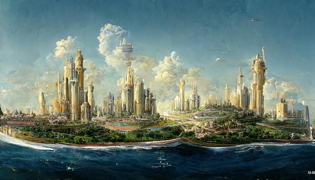 Atlantis Una ciudad fantástica con un hermoso paisaje Ilustración para dibujos animados