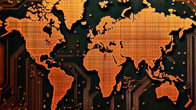 Atlas digital Mapa del mundo elaborado a partir de chips una ilustración innovadora que mezcla tecnología y geografía en el paisaje interconectado de la era digital