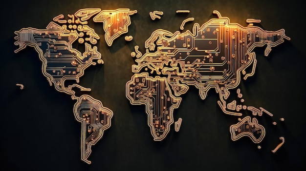 Atlas digital Mapa del mundo elaborado a partir de chips una ilustración innovadora que mezcla tecnología y geografía en el paisaje interconectado de la era digital