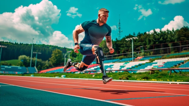 Atleta adaptativo com prótese treina arduamente em pista ensolarada