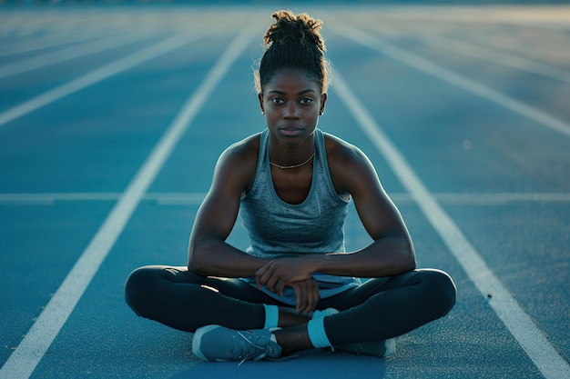Una atleta afroamericana participa en ejercicios de calentamiento sentada en la pista azul olímpica que encarna el concepto de entrenamiento de carrera y dedicación en los deportes