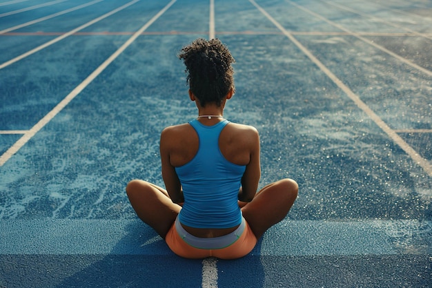 Una atleta afroamericana participa en ejercicios de calentamiento sentada en la pista azul olímpica que encarna el concepto de entrenamiento de carrera y dedicación en los deportes