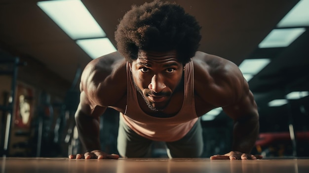 Foto atleta afroamericano de cabello rizado de culturismo haciendo flexiones en un gimnasio genera ia