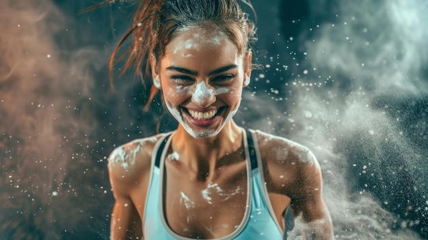 Foto atleta alegre coberto de poeira de giz no meio do treino