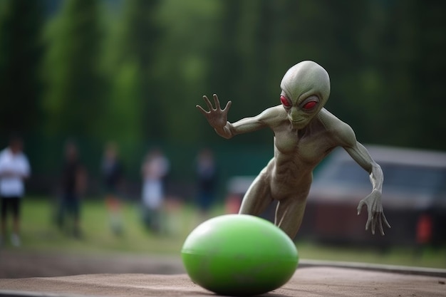 Atleta alienígena lanzando bala durante la competencia de atletismo creada con IA generativa