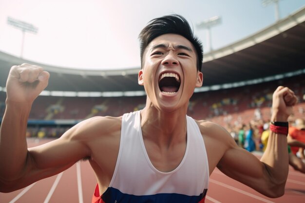 Un atleta asiático se alegra después de ganar un torneo en un estadio lleno de espectadores
