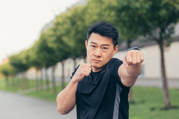 Atleta asiático do sexo masculino demonstra boxe durante corrida matinal e fitness