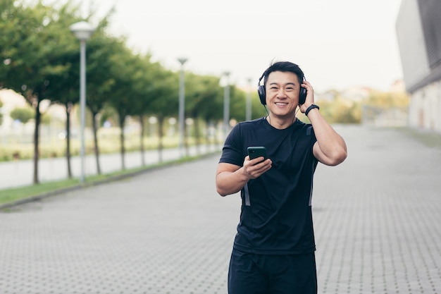 Atleta asiático em uma corrida matinal no parque perto do estádio ouve música e podcast em fones de ouvido grandes usa o telefone