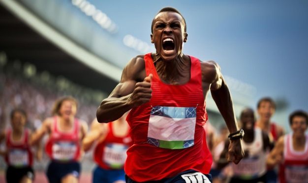 Un atleta de atletismo masculino celebrando su victoria en una carrera de velocidad en un evento deportivo