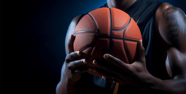 Atleta de baloncesto en una postura hacia adelante sosteniendo la pelota ofreciendo una copia