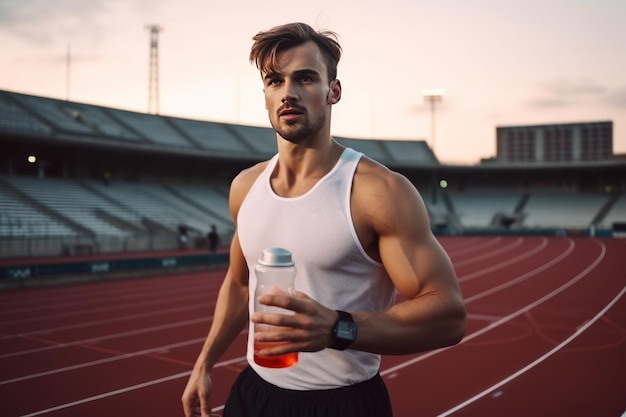 Foto atleta con una botella de agua en el estadio preparándose para correr al amanecer