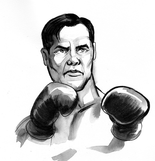 Atleta de boxeo. Dibujo a tinta y acuarela