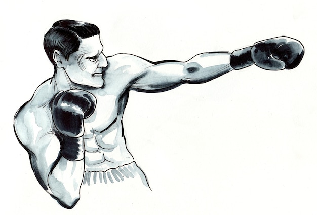 Atleta de boxeo. Dibujo a tinta en blanco y negro