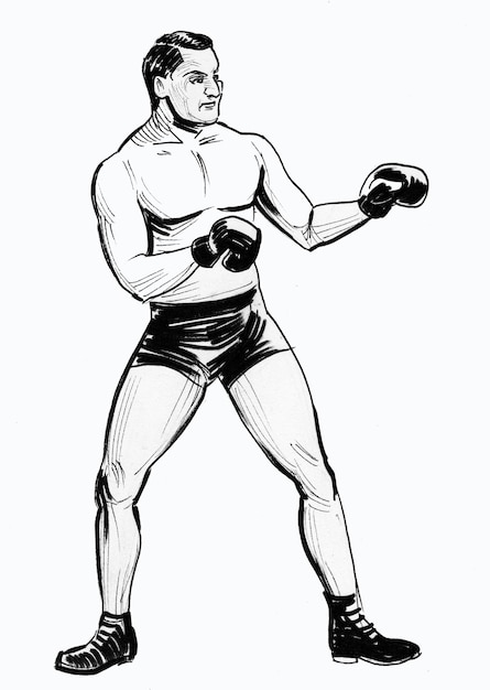 Atleta de boxeo. Dibujo a tinta en blanco y negro