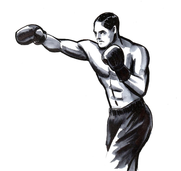 Atleta de boxeo. Dibujo a tinta en blanco y negro