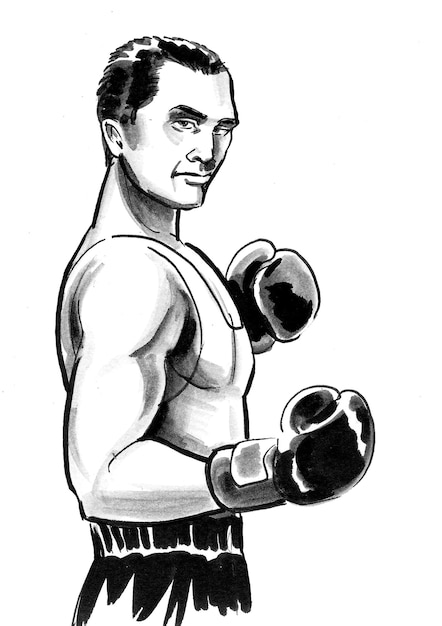 Atleta de boxeo. Dibujo a tinta en blanco y negro