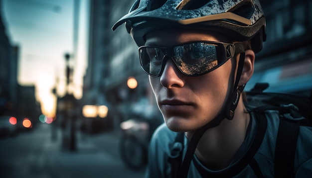 Atleta caucasiano pedalando ao entardecer com confiança gerada por IA