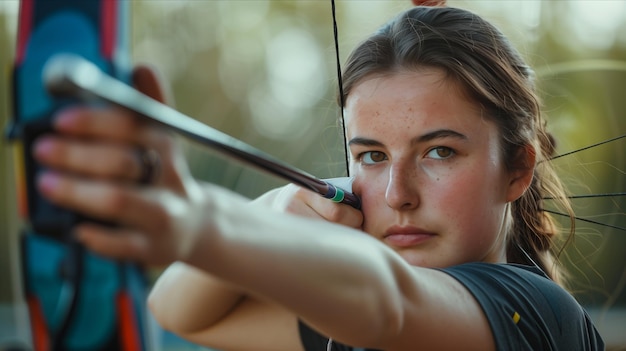 Una atleta caucásica se prepara para disparar flechas en el campo de tiro con arco