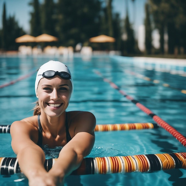 Un atleta caucásico sonriente nadando al aire libre en una piscina generada por IA