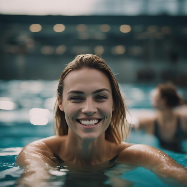 Un atleta caucásico sonriente nadando al aire libre en una piscina generada por IA