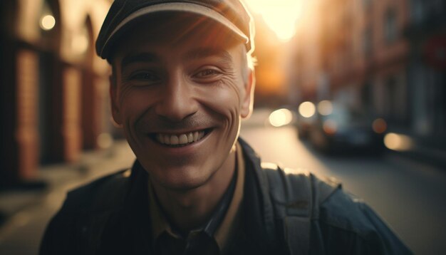 Atleta confiado sonriendo al aire libre en la ciudad disfrutando de la actividad de ocio generada por la inteligencia artificial