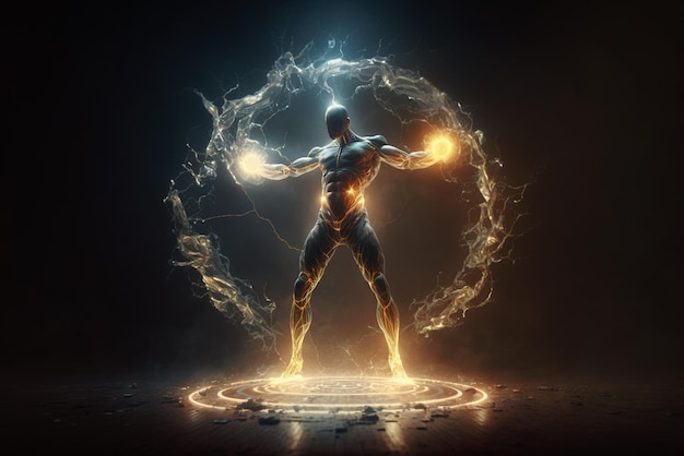 Atleta controla silhueta de fogo de homem forte com IA geradora de energia