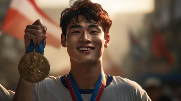 Foto atleta coreano mostrando sua medalha de ouro