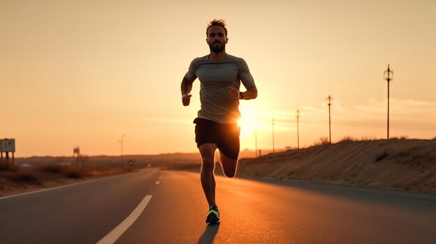 Atleta correndo na estrada no nascer do sol da manhã treinando para maratona e fitness