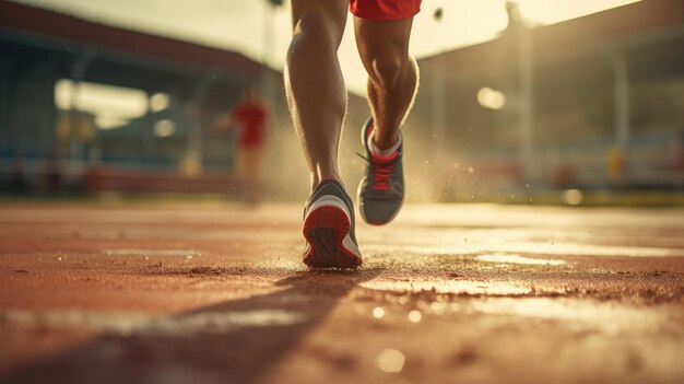 Atleta correndo na pista de corrida do estádio Closeup Generative Ai